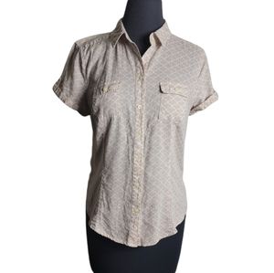 Old Navy linen blend button front shirt tan white geometric short sleeve size M